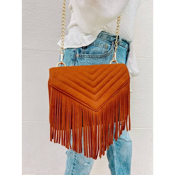 Russel Quilted Crossbody with Fringe Camel - Picture 1 of 6